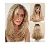Parrucca per Donna Parrucche Parrucche sintetiche lunghe dritte con radici scure, parrucche di frassino biondo nero sfumato con frangia 20" Parrucche resistenti al calore alla moda for le donne Uso qu