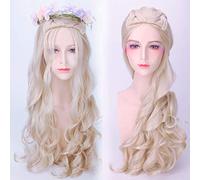 Parrucca per Halloween, alla moda, per feste di Natale, Alice nel paese delle meraviglie, regina bianca, argento, grigio, marrone, capelli lunghi ricci per cosplay, colore: Pl-765-1 (beige)