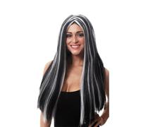 Parrucca per Halloween stile Morticia bianca e nera, lunga 65 cm