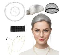 Parrucca per nonna, colore grigio, 18 pezzi, costume da nonna da donna, parrucca grigia con accessori, parrucca grigia da donna per Halloween, teatro e cosplay