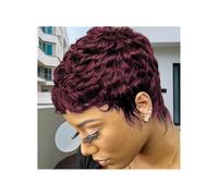 Parrucca Pixie corta in capelli umani, parrucca ondulata nera, parrucche a strati in capelli umani for donne nere, densità 150 Topper per Capelli da Donna(Wine red)