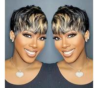 Parrucca Pixie Cut per capelli umani Wear and Go Parrucche senza colla Capelli umani con frangia Parrucca tagliata Pixie per donne nere parrucche corte per donne nere con frangia Full Machine Made 1B