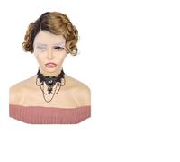 Parrucca Pixie in pizzo riccio corto africano 6 pollici capelli umani, parrucca in fibra resistente al calore, parrucca riccia con riga laterale e onde profonde, taglio corto Pixie for donne nere.(Gra