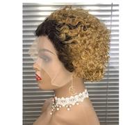 Parrucca Pixie senza colla in capelli umani corti e ricci con pizzo frontale 13x1 for donne nere Topper per Capelli da Donna(1B/27)