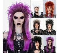 Parrucca punk rock anni '80 per cosplay e feste di Ognissanti, parrucca sintetica media lunga dritta con ciuffi e strati voluminosi, look mullet cool e unico, accessorio per costume da rockstar retrò,