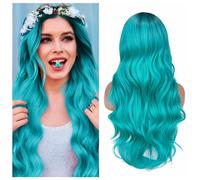 Parrucca Quantum Love Ombre Blu-Verde, Lunga Riccia Ondulata, Blu-Verde, Riga Laterale, 2 Toni, Radici Scure, Sintetica, per Feste Quotidiane, Co