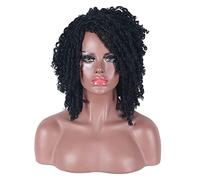 Parrucca riccia afro corta da 16"/40 cm per donne nere, parrucca sintetica nera e castana, parrucca corta con dreadlock intrecciata, regolabile per donne e uomini neri.,Black