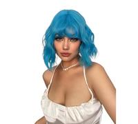 Parrucca riccia corta blu da 12 pollici for donne con frangia, parrucche sintetiche ondulate for l'uso quotidiano