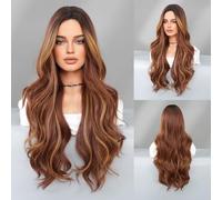 Parrucca riccia evidenziata da donna, parrucca a strisce ondulate grandi da 28 pollici, abito da ballo, parrucca lunga ondulata con parte centrale da donna, parrucca naturale di tutti i giorni(Color:R