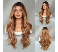 Parrucca riccia evidenziata da donna, parrucca a strisce ondulate grandi da 28 pollici, abito da ballo, parrucca lunga ondulata con parte centrale da donna, parrucca naturale di tutti i giorni(Color:Y