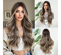 Parrucca Riccia Marrone Ombre Da 26 Pollici - Capelli Sintetici A Calotta Intera Con Parte Centrale, Ondulata Lunga, 260 G, Indossare Tutti I Giorni, Adatta A Tutte Le Forme Del Viso(A)