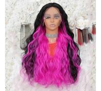 Parrucca riccia sciolta nera da donna con riflessi rossi rosa con pizzo frontale in pizzo sintetico parrucca per cosplay quotidiana parrucca nera rosa rossa 61 cm con pizzo frontale