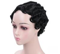Parrucca riccia sintetica con capelli ricci ondulati e ondulati, classica retrò nera-1B