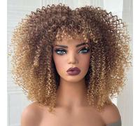 Parrucca riccio sfumato oro da 10-16 pollici, parrucca sintetica soffice per la primavera, parrucca con frangia corta, parrucca con frangia in fibra resistente al calore per donne, parrucca da cosplay