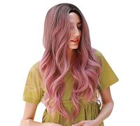 Parrucca Rosa Capelli Umani, Parrucche Lunghe Ondulate Parrucca Sintetica Parte Centrale 27,5 Pollici Rete Rosa Regolabile con Pettini Antivento Anteriori e Posteriori per