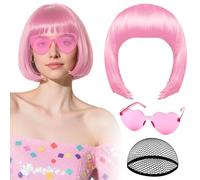 Parrucca rosa con occhiali da sole a cuore e cuffia per capelli da donna, PLULON Parrucche corte sintetiche colorate divertenti per cosplay per donne e uomini Addio al nubilato Halloween