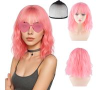 Parrucca Rosa Corta Donna, Set con Parrucca Donna, Rete per Capelli, Collana e Occhiali da Sole, Ideale per Party, Cosplay e Occasioni Speciali