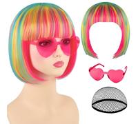 Parrucca rosa e blu con occhiali da sole a forma di cuore e cuffia per capelli da donna, PLULON Parrucche corte sintetiche colorate divertenti per cosplay, per donne e uomini, addio al nubilato