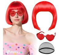 Parrucca rossa con occhiali da sole a cuore e cuffia per capelli da donna, PLULON Parrucche corte sintetiche colorate divertenti per cosplay per donne e uomini Addio al nubilato Halloween