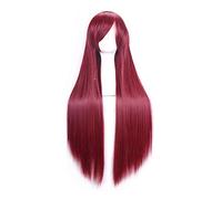 Parrucca sintetica Anime Fairy Tail Elza Scarlet Parrucca sintetica vino rosso lungo rettilineo con frangia Festa Carnevale Parrucca da gioco di ruolo YY-598