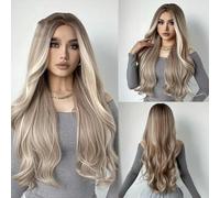 Parrucca sintetica bionda lunga ondulata castana mista bionda per donne bianche e nere, festa quotidiana, capelli in fibra ad alta densità e temperatura-LC-0101901-28 pollici