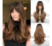 Parrucca sintetica bionda ombré castana con capelli lunghi e ondulati senza frangia per donna, per uso quotidiano e feste-BL8074-3-26 pollici-1 pezzo