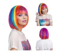 Parrucca sintetica colorata a caschetto - Acconciatura arcobaleno con frangia morbida per feste, Halloween e cosplay(75-CH752)