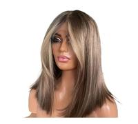 Parrucca sintetica con frontale in pizzo, biondo ombré, con riflessi castani e radici scure, senza colla, riga centrale, corta e liscia, for donna Extension per Capelli(16inch)