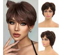 Parrucca sintetica corta e dritta per donna, parrucche corte con frangia, parrucca cosplay resistente al calore, capelli neri/castani, non tinti
