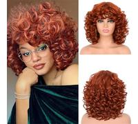 Parrucca Sintetica Corta E Riccia Crespa Da Donna Con Frangia, Texture Elastica Rosso Rame Per Feste O Cosplay