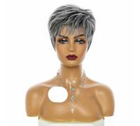 Parrucca sintetica corta mista grigia con taglio pixie e frangia per donna, morbida, liscia, naturale, con capelli finti, per paziente chemioterapico, parrucche per mamme-118-1 pz