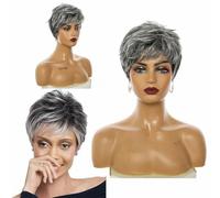 Parrucca sintetica corta mista grigia con taglio pixie e frangia per donna, morbida, liscia, naturale, con capelli finti, per paziente chemioterapico, parrucche per mamme-116-1 pz