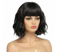 Parrucca sintetica corta nera con frangia per donna, parrucca ondulata lunga fino alle spalle, parrucca corta ondulata da indossare tutti i giorni, nera, 12 POLLICI