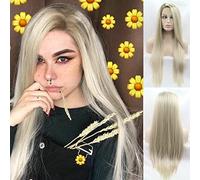 Parrucca sintetica da donna, 33 x 10,2 cm, pre-pizzicata, lunga e dritta, 66 cm, con pizzo frontale, per uso quotidiano, cosplay, biondo naturale con radici marroni, resistente al calore, parte