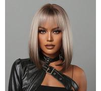 Parrucca sintetica da donna castano chiaro con riflessi biondi, liscia, corta con frangia, adatta per la vita quotidiana e il Natale. Fibra ad alta temperatura