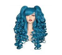 Parrucca sintetica da donna, lunga 24 pollici, riccia, for cosplay, parrucche di Halloween for feste con 2 code di cavallo(Blue)