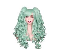 Parrucca sintetica da donna, lunga 24 pollici, riccia, for cosplay, parrucche di Halloween for feste con 2 code di cavallo(Light green)