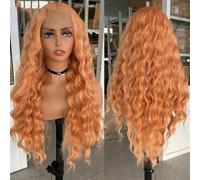 Parrucca sintetica da donna lunga e profonda con pizzo frontale con punti salienti dall'aspetto naturale per uso quotidiano parrucche cosplay arancione 1 61 cm