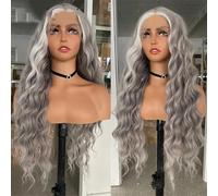 Parrucca sintetica da donna, lunga e profonda, con pizzo frontale, dall'aspetto naturale, per uso quotidiano, cosplay, colore bianco argento, 61 cm