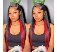 Parrucca sintetica da donna nera rossa con attaccatura dei capelli naturale parrucca frontale in pizzo metà nera metà rossa setosa lunga parrucca dritta 61 cm anteriore in pizzo