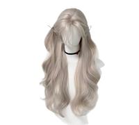 Parrucca sintetica da donna ondulata lunga con riga centrale e frangia per tende, colore grigio cenere perla, parrucca con montatura sul viso, per un look naturale quotidiano