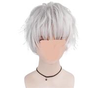 Parrucca sintetica da uomo, corta, bianca, argentata, liscia, riccia, for cosplay, anime, naturale, soffice, resistente al calore, for feste quotidiane