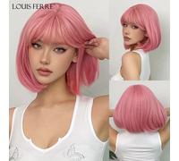 Parrucca sintetica diritta rosa LOUIS FERRE per le donne parrucca corta diritta con frangia Lolita parrucca Cosplay resistente al calore carina LC2054-1