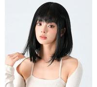 Parrucca sintetica dritta alla lunghezza delle spalle per donne di tendenza con sfumature interne e frangia leggera traspirante rete capelli regolabile uso quotidiano in occasioni festa