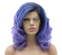 Parrucca sintetica frontale in pizzo ad alta densit , resistente al calore, con radici nere ondulate e sfumatura blu, lunghezza media e lunga.