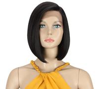 Parrucca sintetica frontale in pizzo D?BUT per donna, con parte laterale in pizzo HD, parrucca dritta, caschetto corto nero, fibre resistenti al