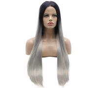 Parrucca sintetica frontale in pizzo Lushy Hair, extra lunga, 28 pollici, liscia, con radice nera e ombre grigia, resistente al calore, a densit