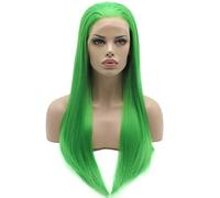 Parrucca sintetica lunga con pizzo frontale, 61 cm, colore verde, attaccata a mano, parrucca realistica