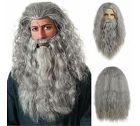 Parrucca sintetica lunga riccia bianca/grigia con barba da Babbo Natale, unisex, per uomo e donna, nonno, parrucche per cosplay natalizie, festa in costume, parrucca e barba grigia