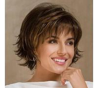 Parrucca sintetica marrone con evidenziazione bionda ondulata corta per donne bianche dall'aspetto naturale parrucca sintetica con frangia tagli di capelli corti a strati per feste quotidiane